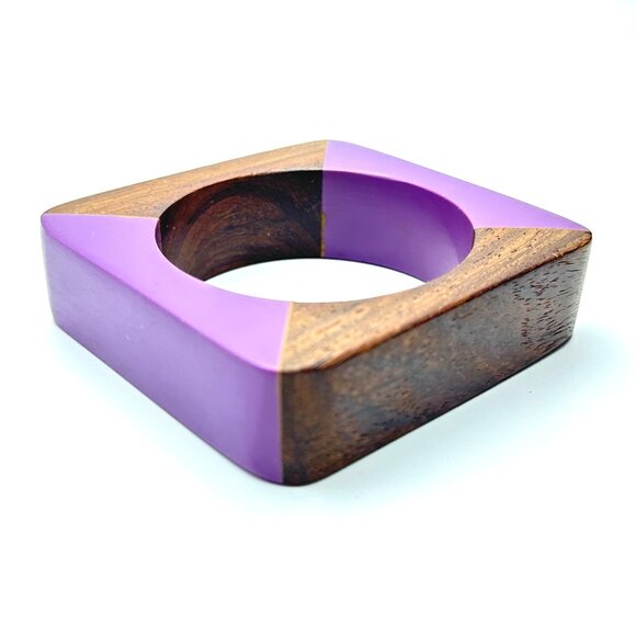 Vintage 1970s Lucite & Wood Bangles — Handcrafted Geometric Bracelets — EUC - Picture 11 of 16